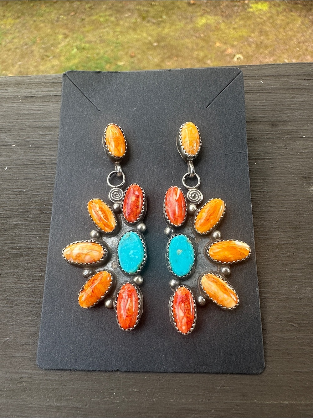 Navajo Jacqueline Silver Spiny Oyster & Turquoise Sterling Silver Earrings - Picture 3 of 7